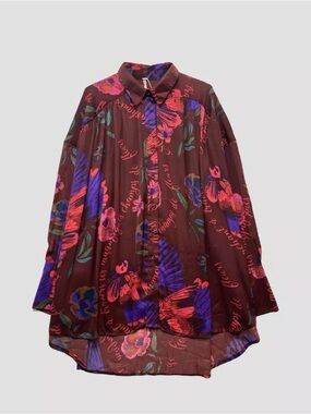 Free People Women's Floral Red Button-Up Shirt - Size Large